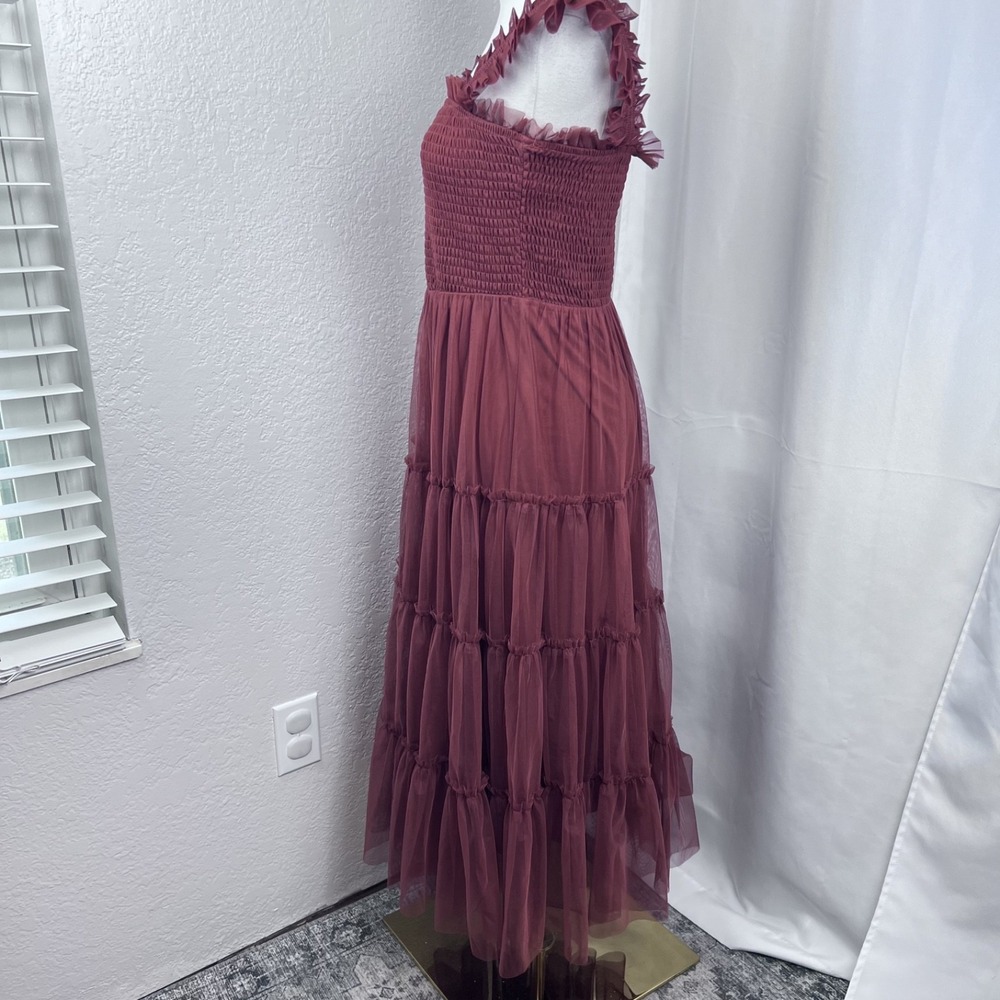 Baltic Born Emma Smocked Tulle Midi Dress Womens Medium Oxblood Formal Occasion - Picture 3 of 10